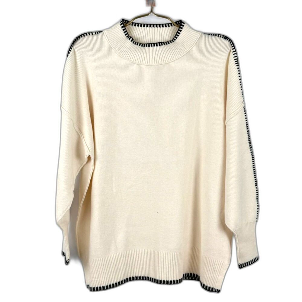 ZESICA Women's Cream Black Contrast Trim Relaxed Fit Mock Neck Sweater Sz S